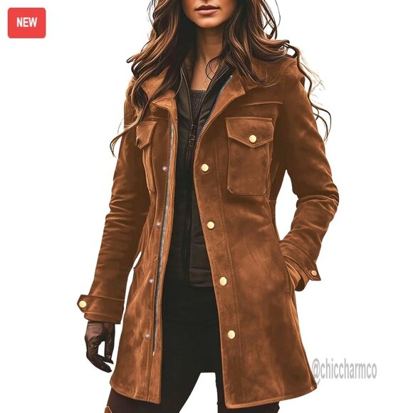 Jackets & Blazers - Faux Suede Utility Jacket Zip Up Military Safari Shacket Midi Long